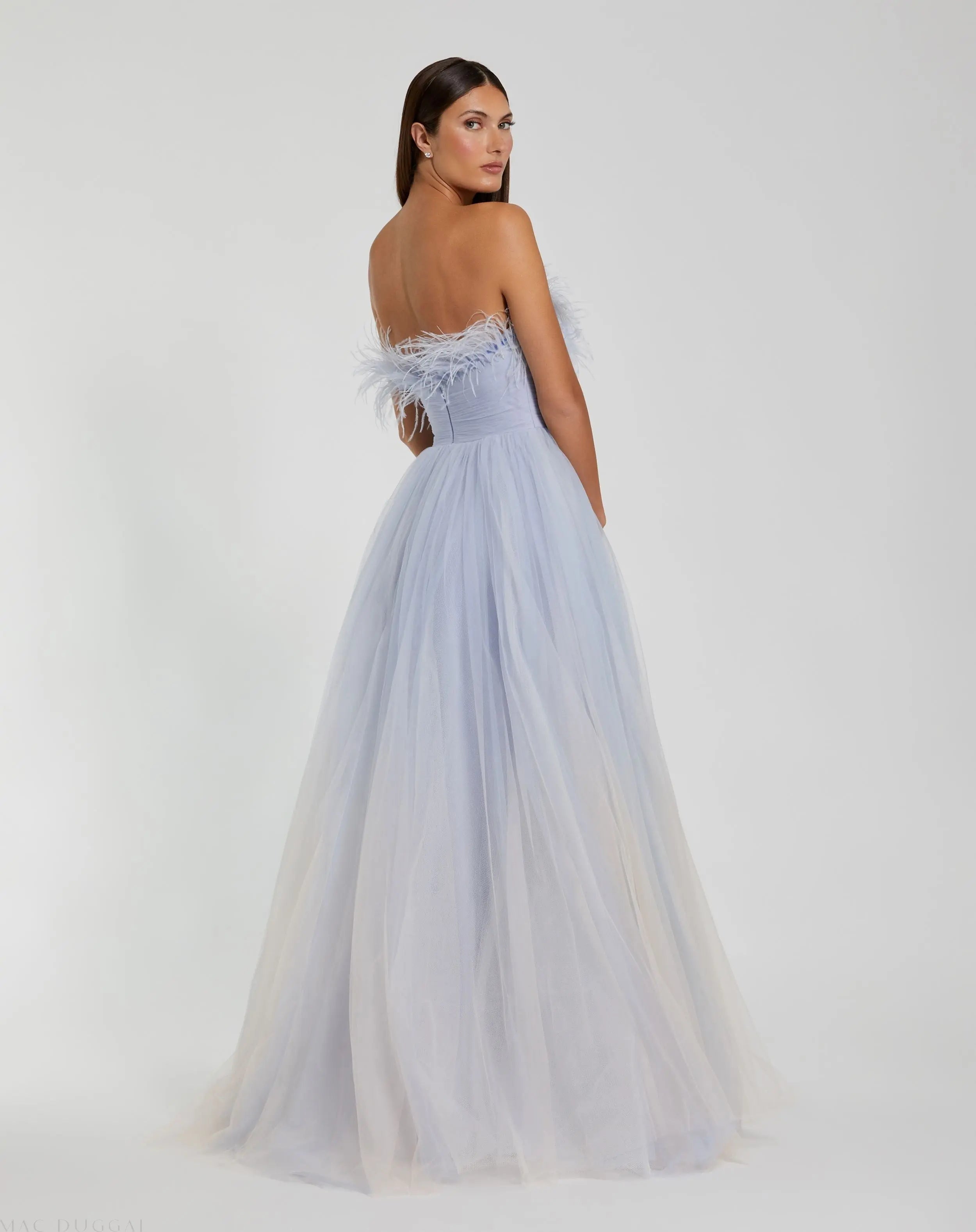 Blue Ombre Strapless Feather Bodice Tulle Gown