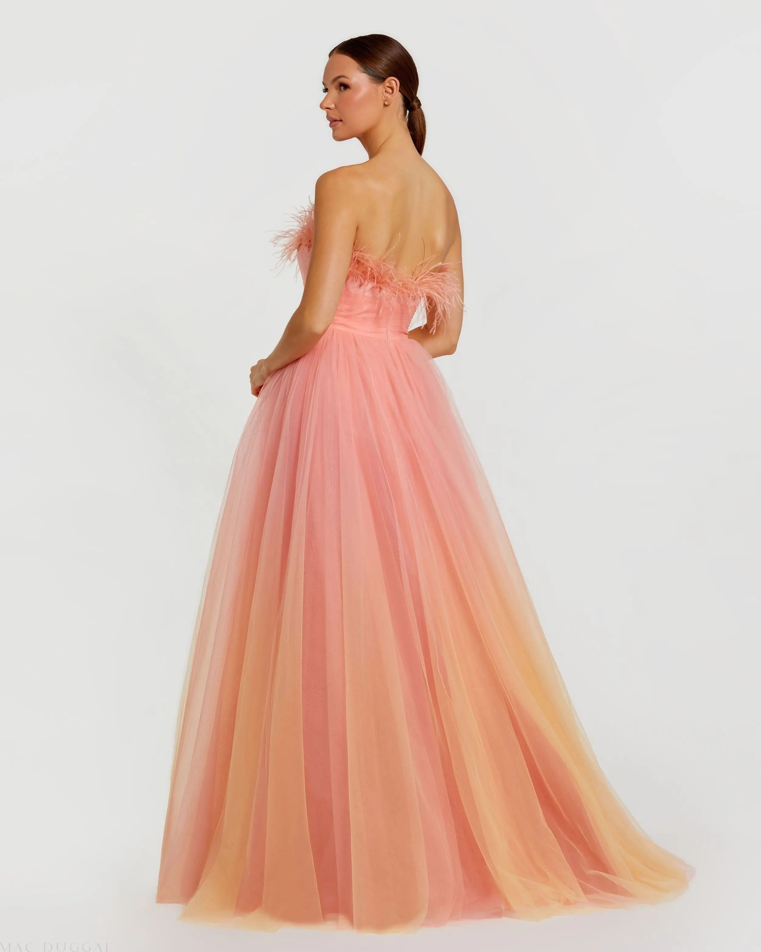 Orange and Pink Ombre Strapless Feather Bodice Tulle Gown