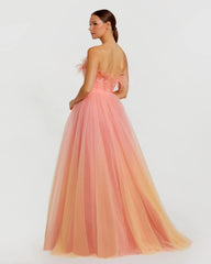 Orange and Pink Ombre Strapless Feather Bodice Tulle Gown