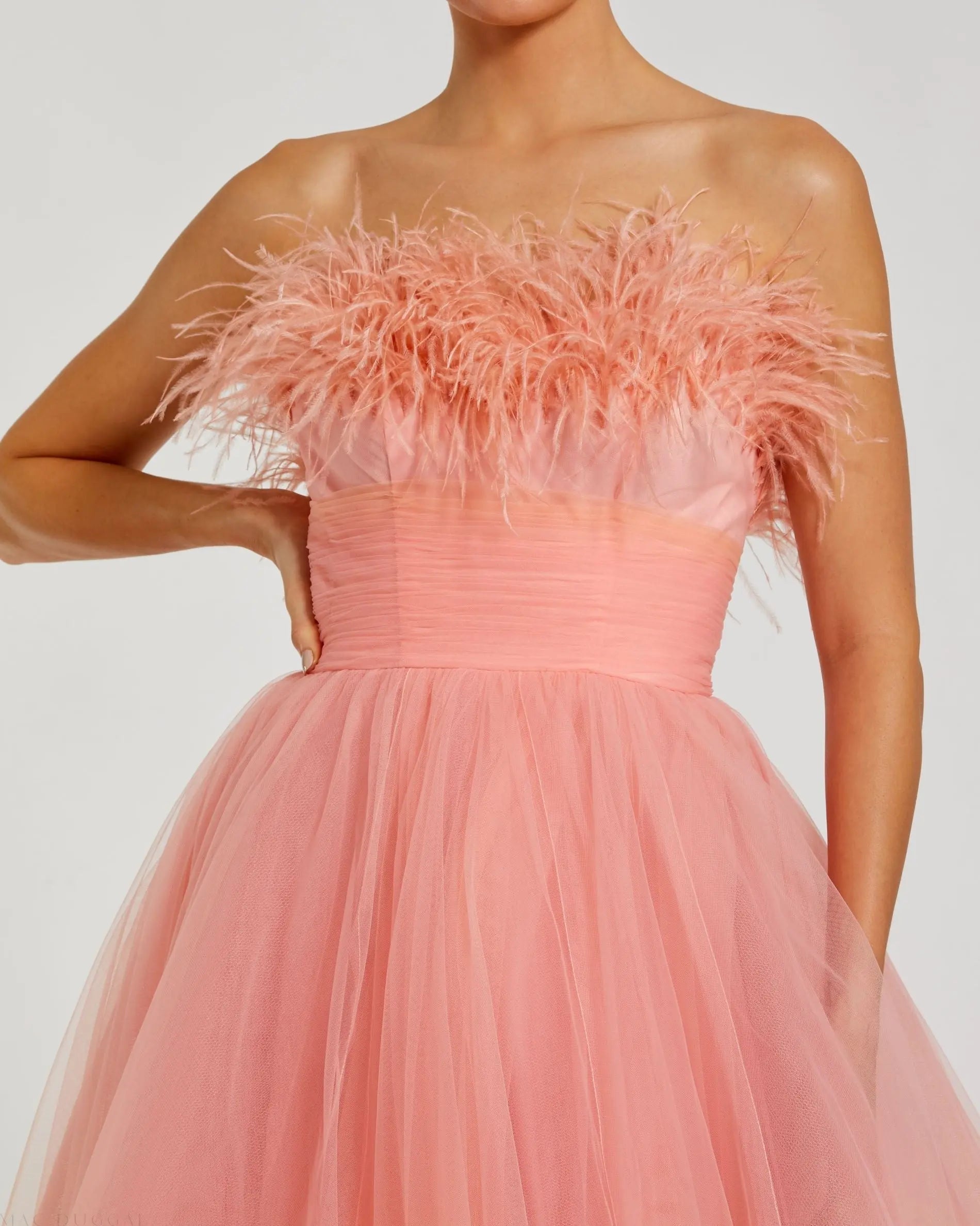 Orange and Pink Ombre Strapless Feather Bodice Tulle Gown