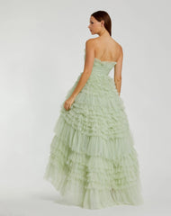 Green Strapless Tulle Ruffle Gown