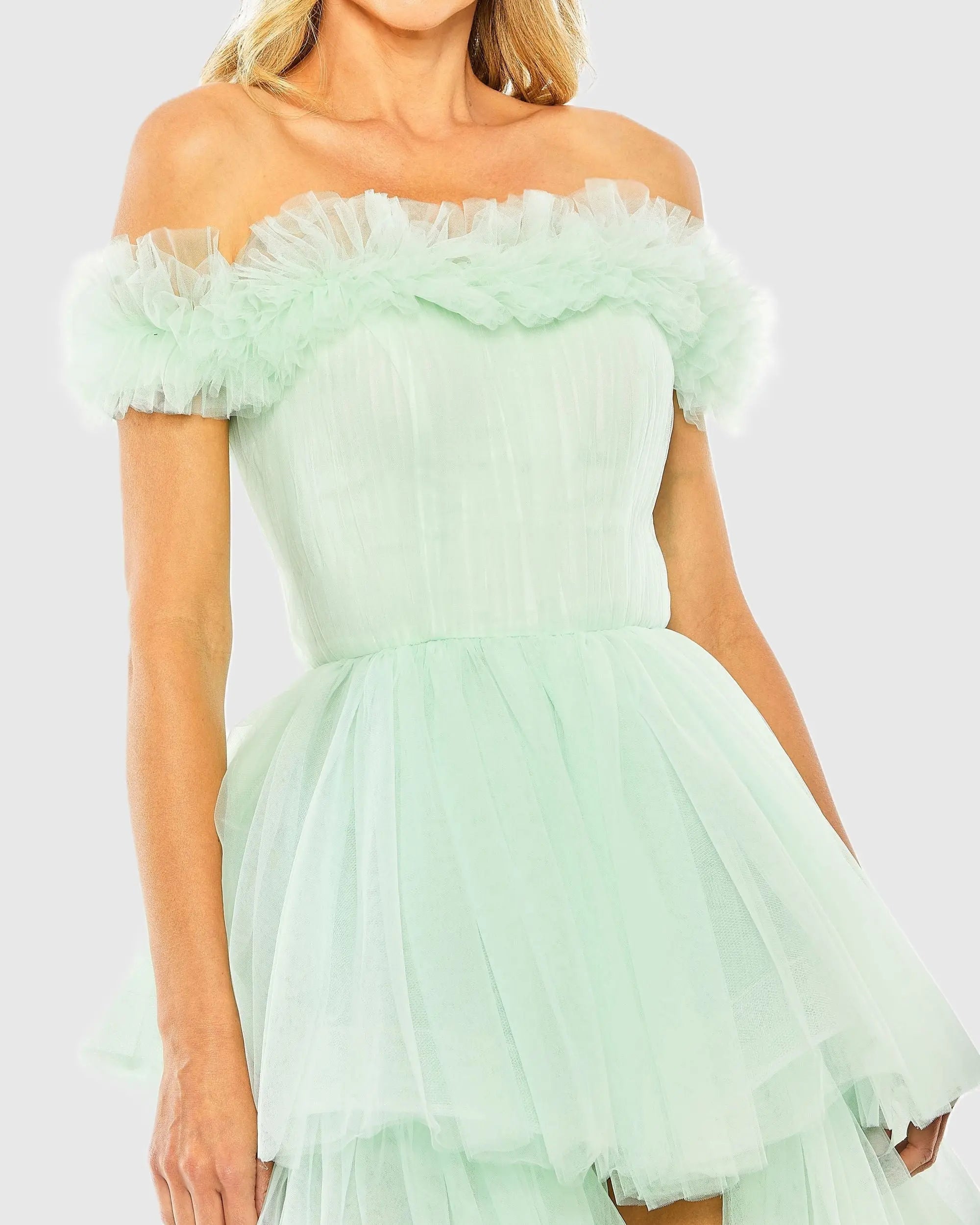 Green Off-the-Shoulder High-Low Tulle Gown