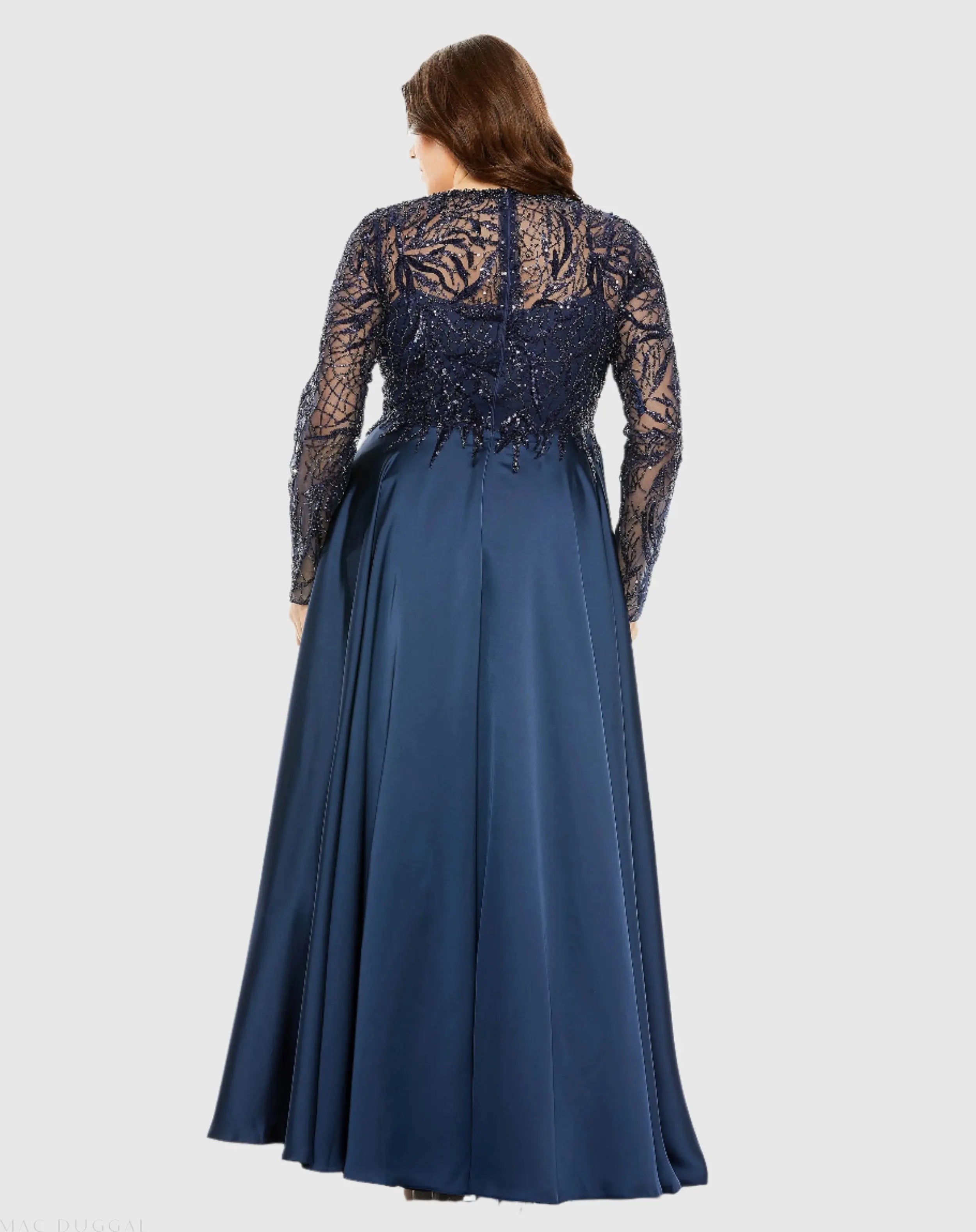 Navy Sheer Long Sleeve Beaded Top Satin Gown (Plus)