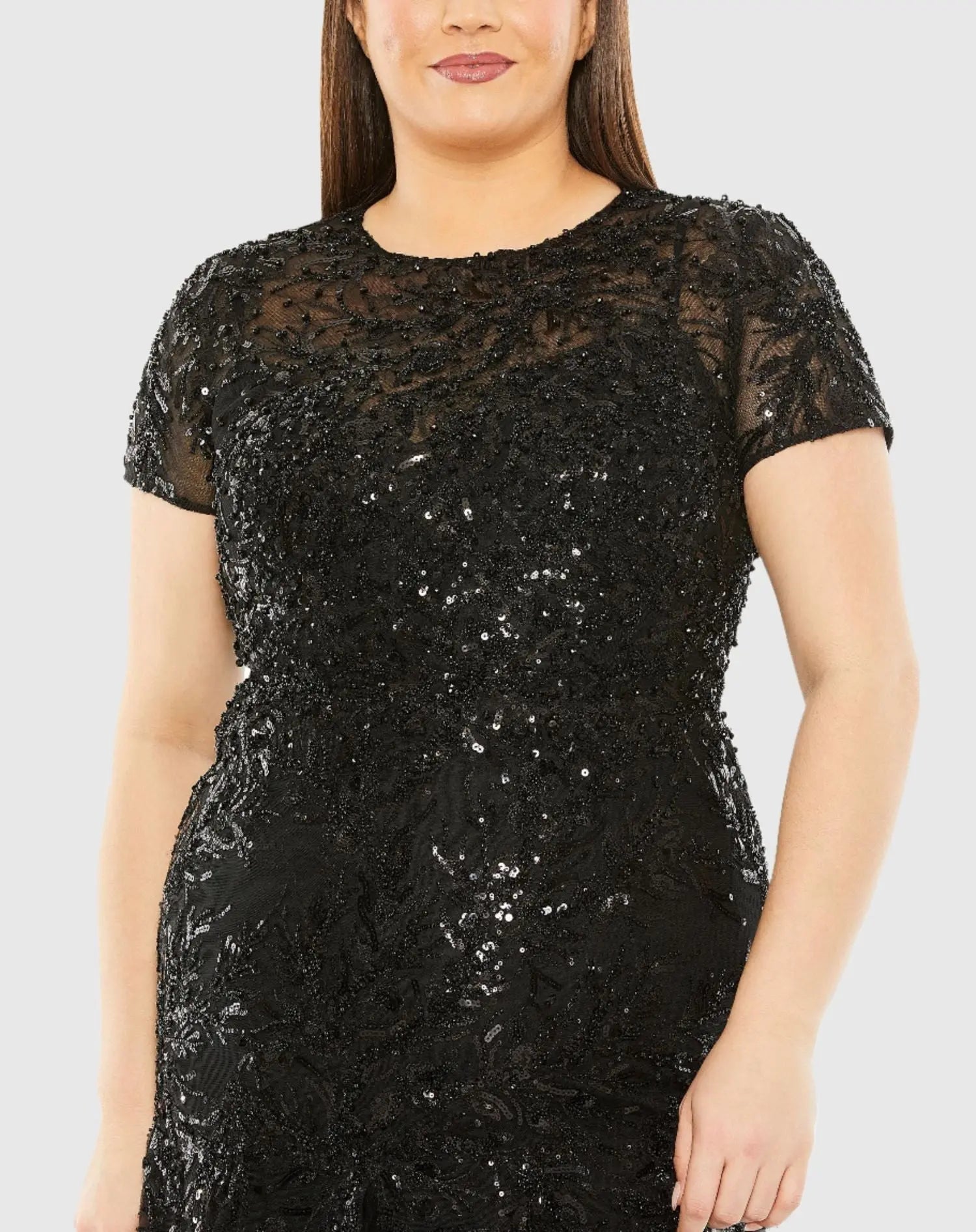 Black Hand Embellished Short Sleeve Gown (Plus)