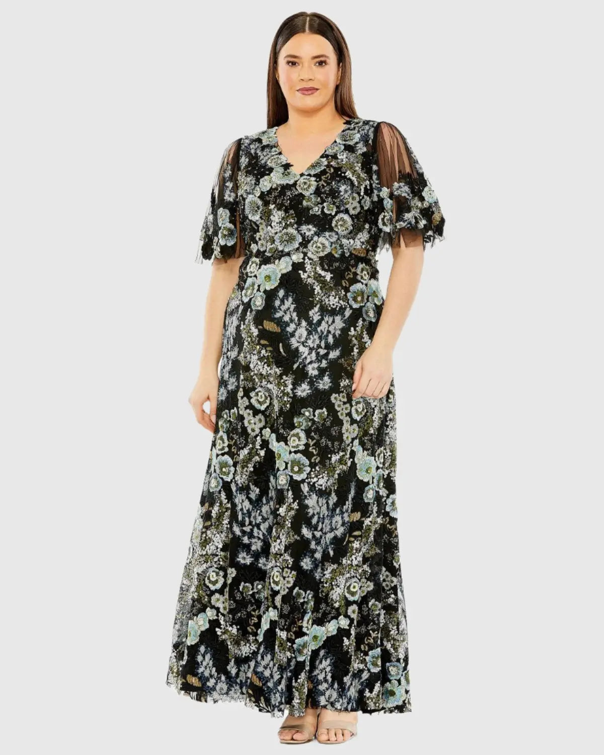 Black Sheer Sleeve V-Neck Floral Embroidered Gown (Plus)