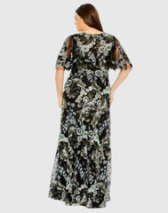 Black Sheer Sleeve V-Neck Floral Embroidered Gown (Plus)