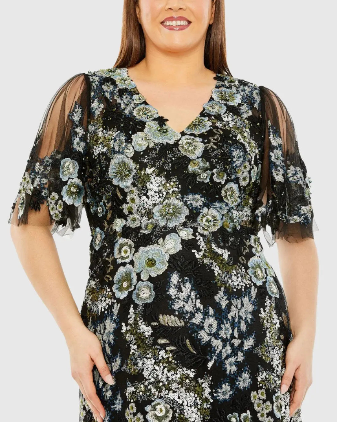 Black Sheer Sleeve V-Neck Floral Embroidered Gown (Plus)