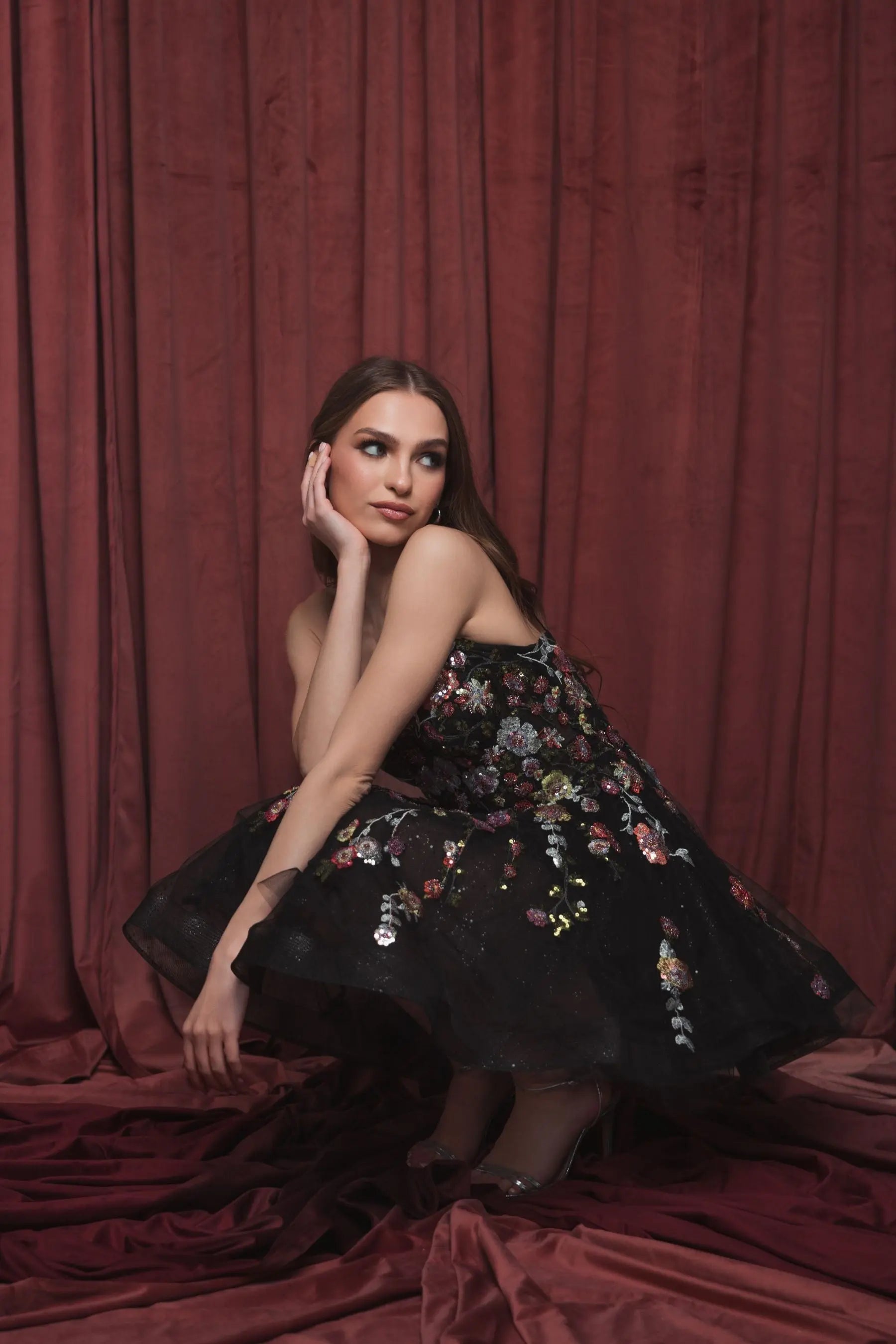 Black Thin Strap Floral Embroidered Mini Dress