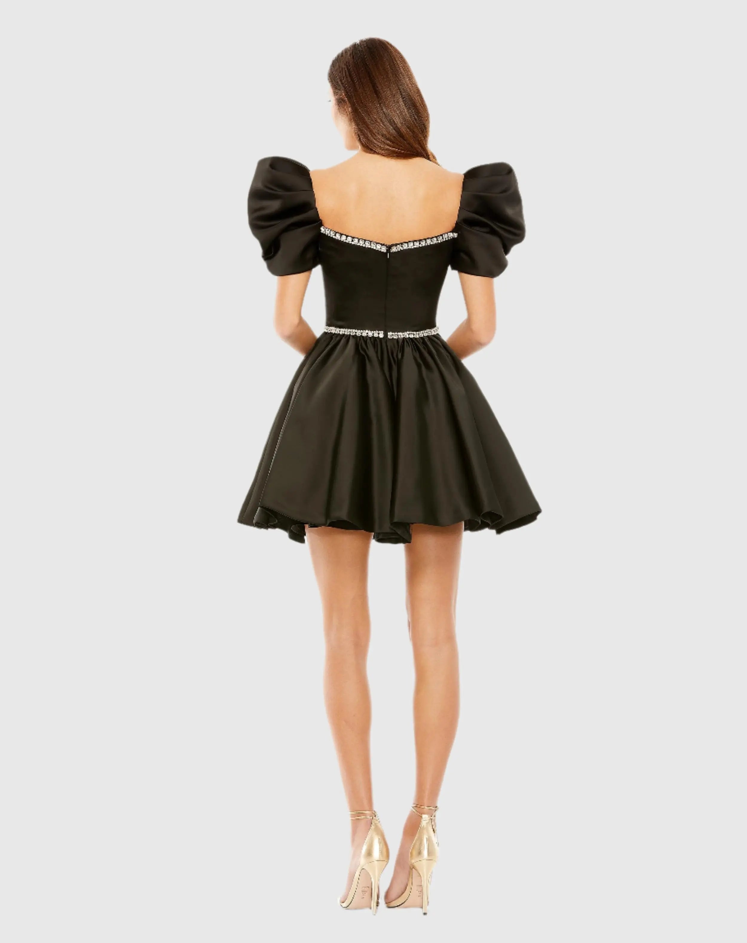 Black Beaded Top Puff Sleeve Dress