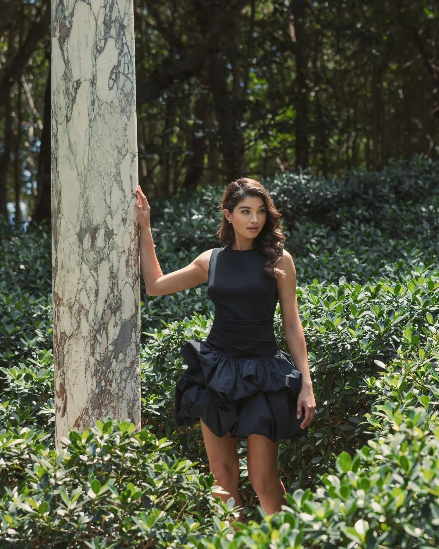 Black Sleeveless Crepe Bubble Skirt Mini Dress