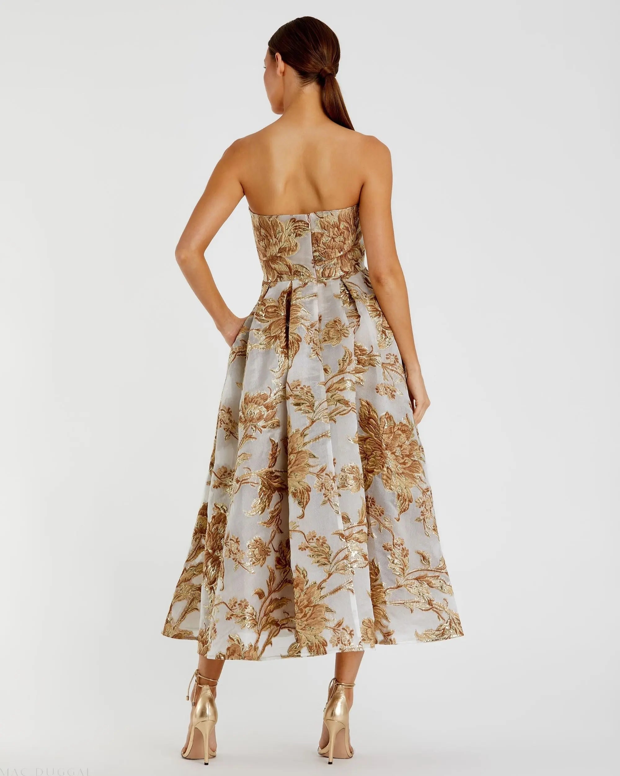 Gold Strapless Brocade Midi Dress with Pockets