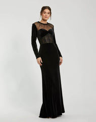 Black Long Sleeve Sheer Top Lace Bustier Gown