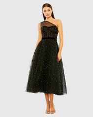 Black One Shoulder Pearl Beaded Midi Ballgown