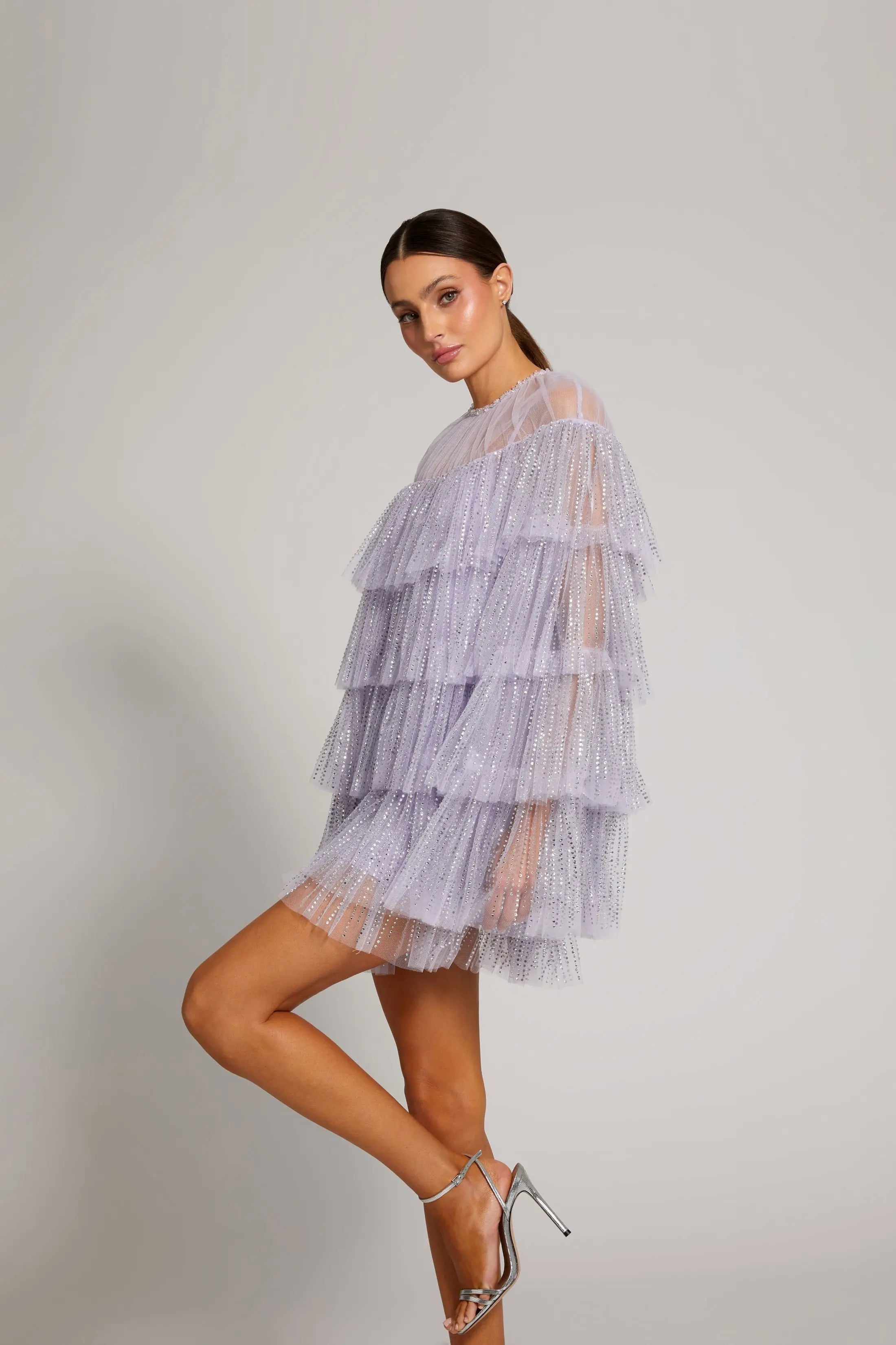Purple Embellished High Neck Ruffle Mini Dress