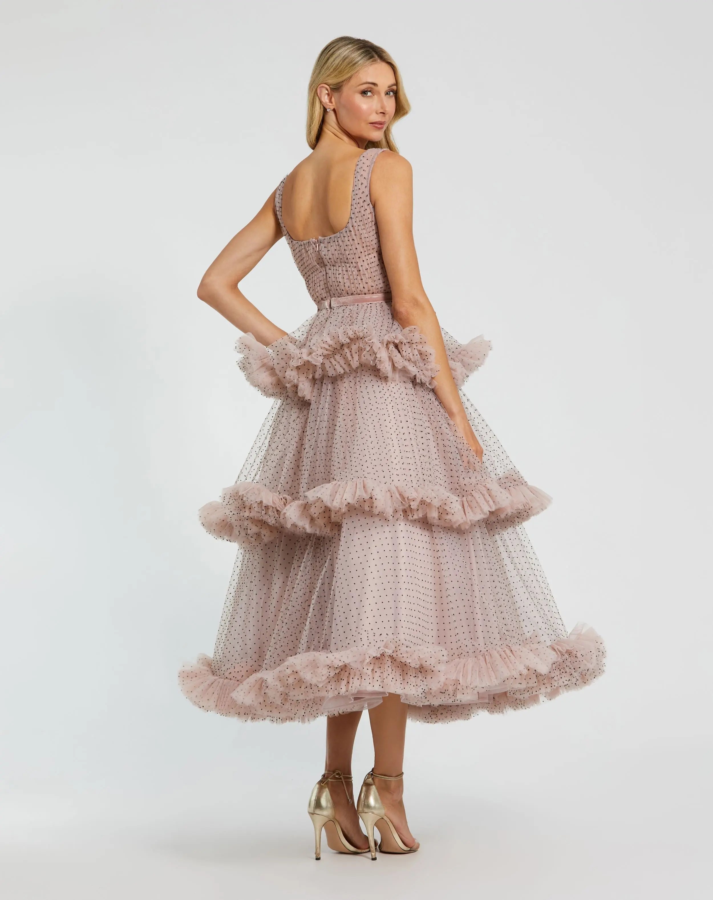Pink Sleeveless Dot Net Ruffle Dress