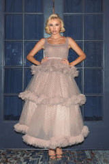 Pink Sleeveless Dot Net Ruffle Dress