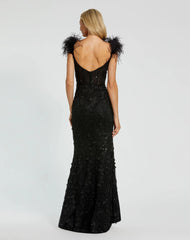 Black Sheer Applique Bustier Gown with Feather Straps