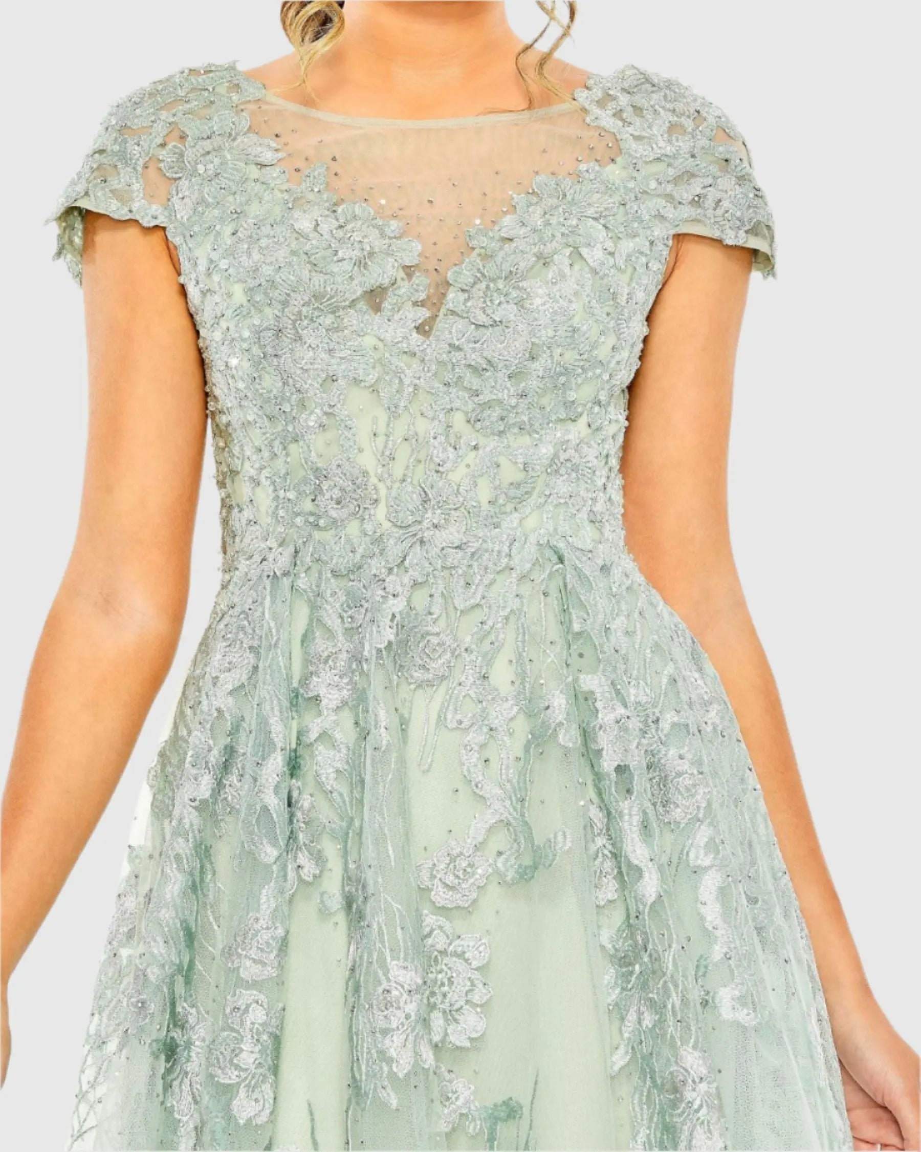 Green Embroidered Cap Sleeve A Line Dress