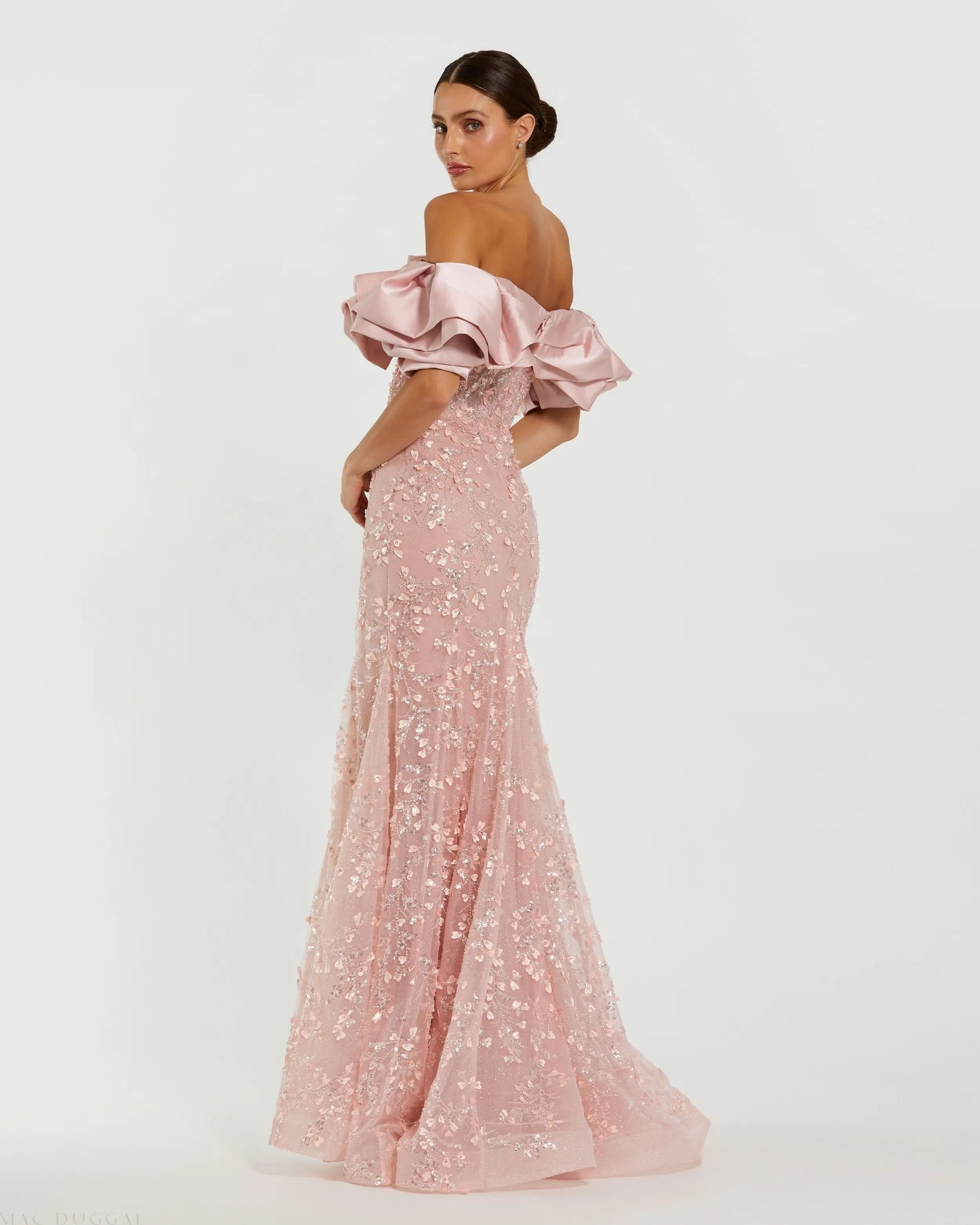 Pink Beaded Mermaid Gown With Off The Shoulder Ruffle