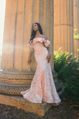 Pink Beaded Mermaid Gown With Off The Shoulder Ruffle