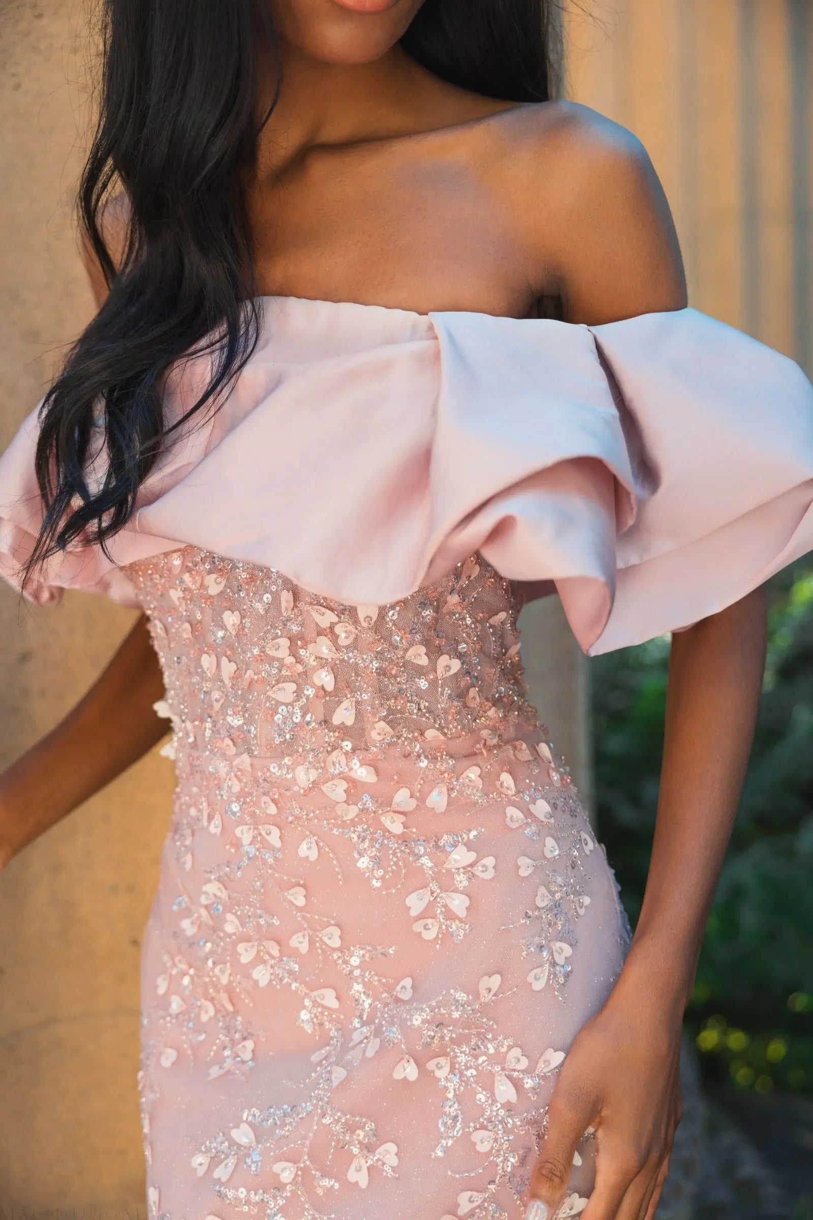 Pink Beaded Mermaid Gown With Off The Shoulder Ruffle
