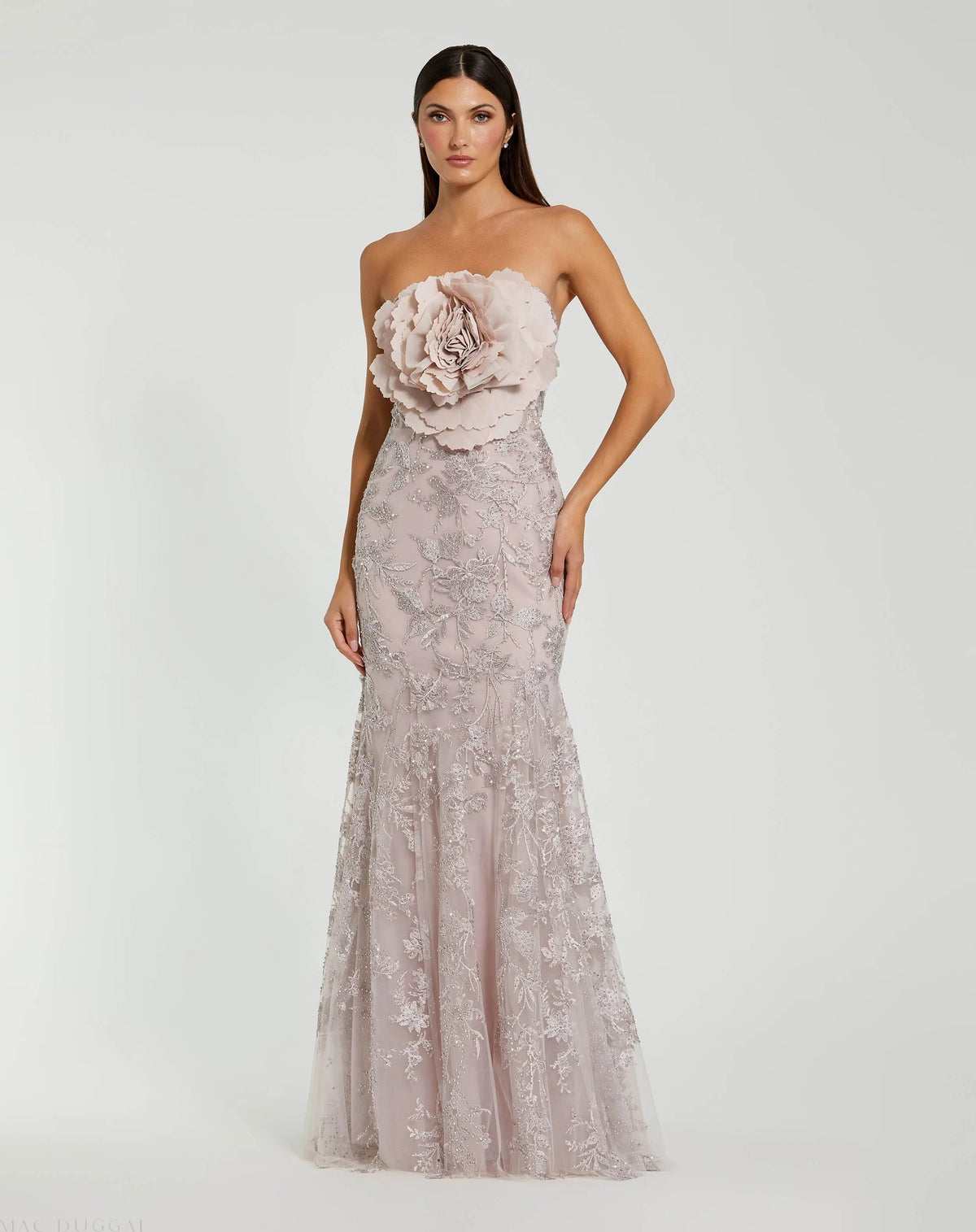 Pink Strapless Lace Embellished Trumpet Gown With 3D Flower