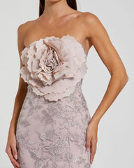 Pink Strapless Lace Embellished Trumpet Gown With 3D Flower