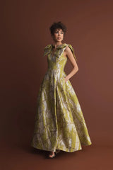 Green Layered Shoulder Bow Metallic A-Line Gown