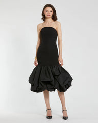 Black Crepe Strapless Midi Dress With Bubble Hem