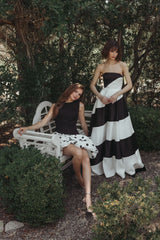 Black and White Striped Satin Strapless Ballgown