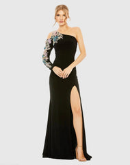 Black One Shoulder Long Sleeve Floral Embellished Gown