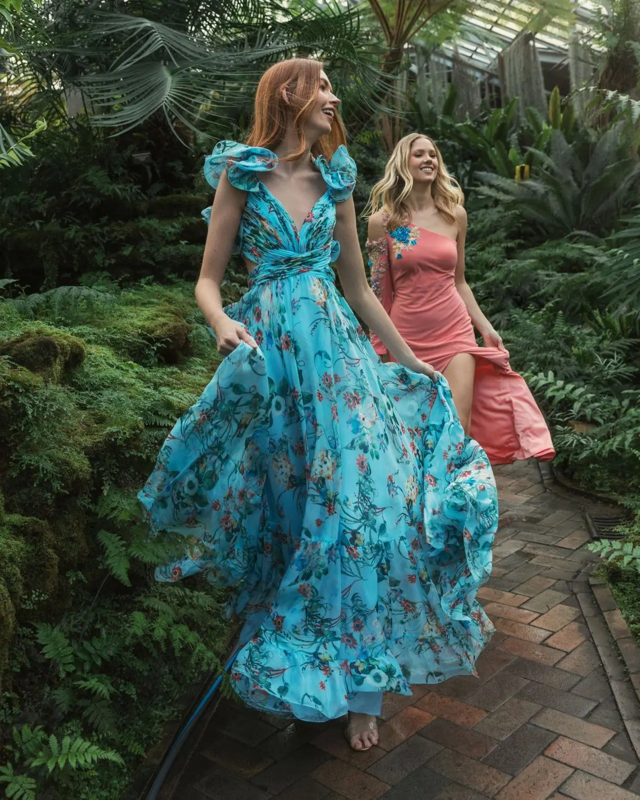 Pink One Shoulder Long Sleeve Floral Embellished Gown