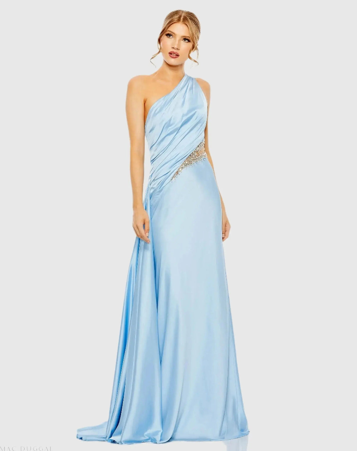 Blue One Shoulder Embellished Satin Gown