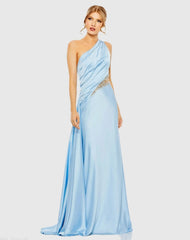 Blue One Shoulder Embellished Satin Gown