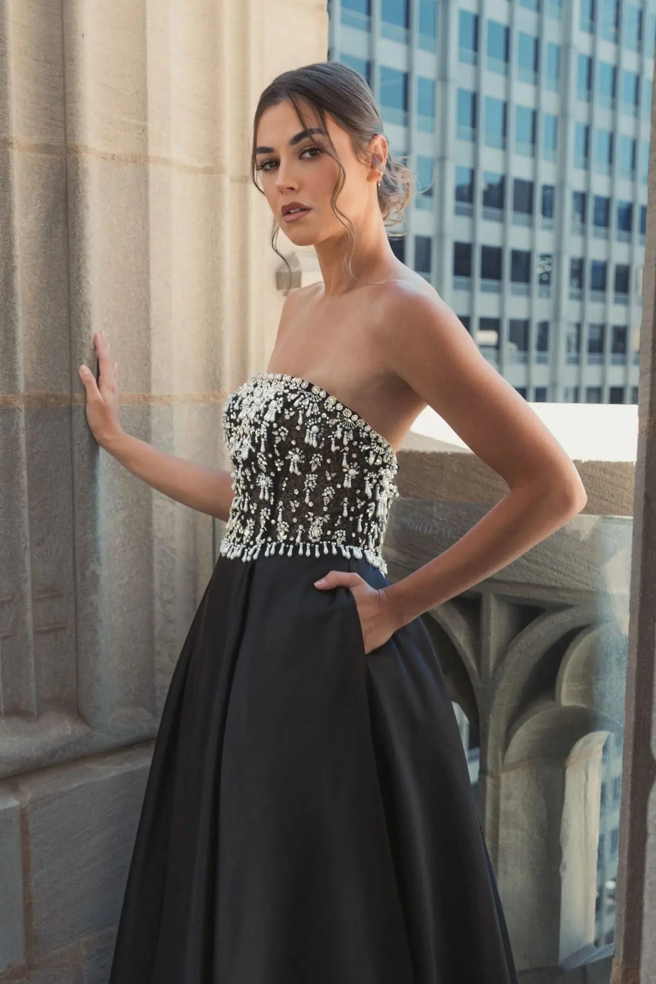 Black Strapless Embellished Top Satin Ballgown