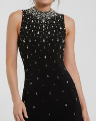 Black High Neck Sleeveless Beaded Jersey Fitted Gown