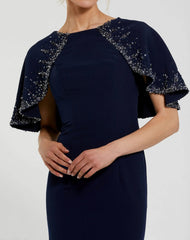 Navy Crepe High Neck Fitted Gown With Beaded Shawl