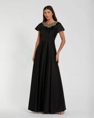 Black Satin Flutter Sleeve Gown With Neckline Beading