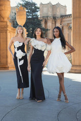 Black and White Jersey Gown With 3D Flower Off The Shoulder Detail