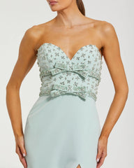 Green Strapless Rhinestone Bodice Crepe Gown