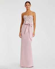 Embellished Strapless Bustier With Bow Crepe Gown