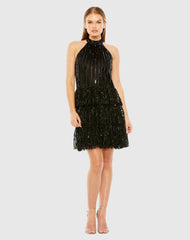 Black High Neck A-Line Ruffle Sequin Mini Dress