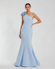 Blue Crepe One Shoulder Mermaid Gown With 3D Flower