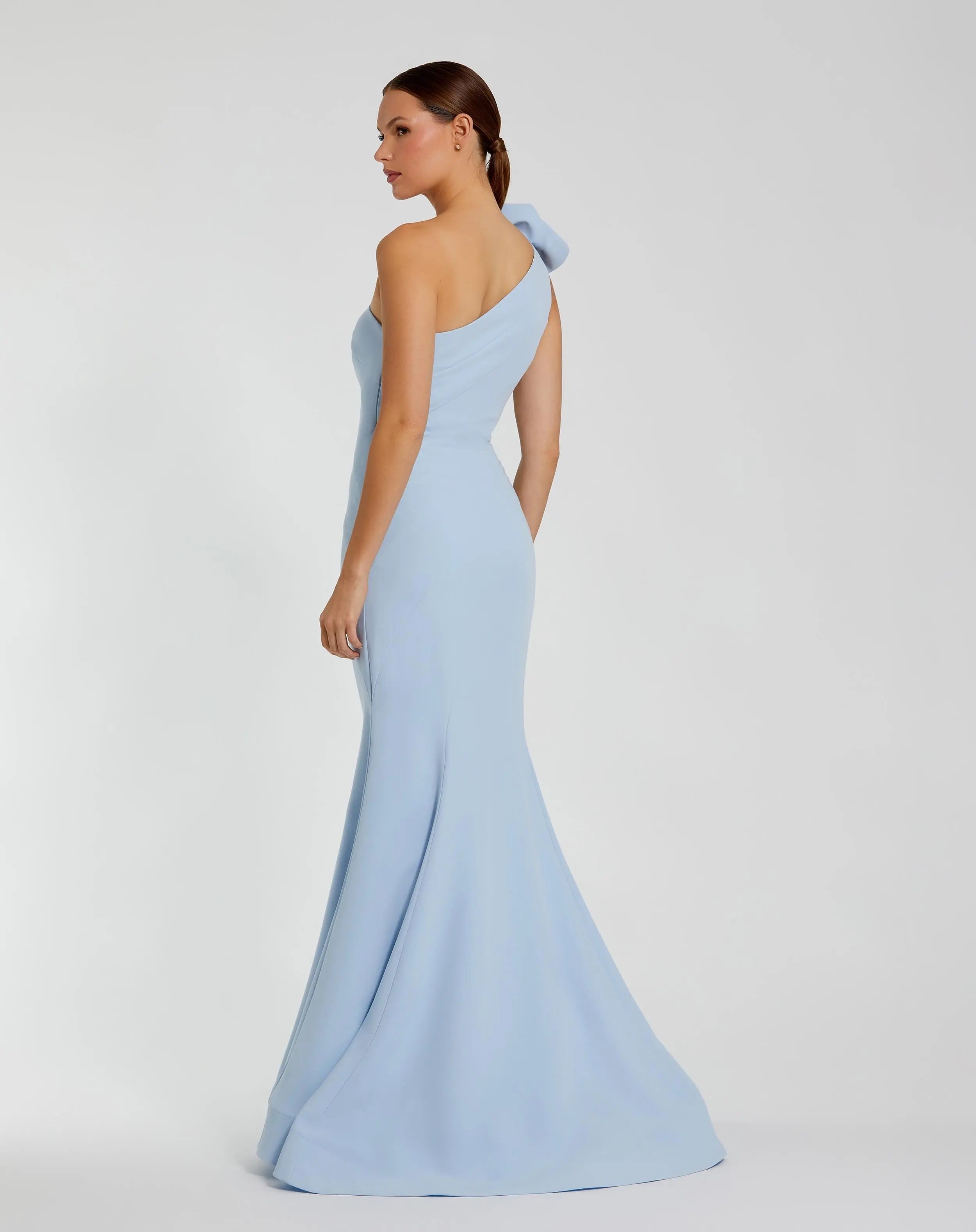 Blue Crepe One Shoulder Mermaid Gown With 3D Flower