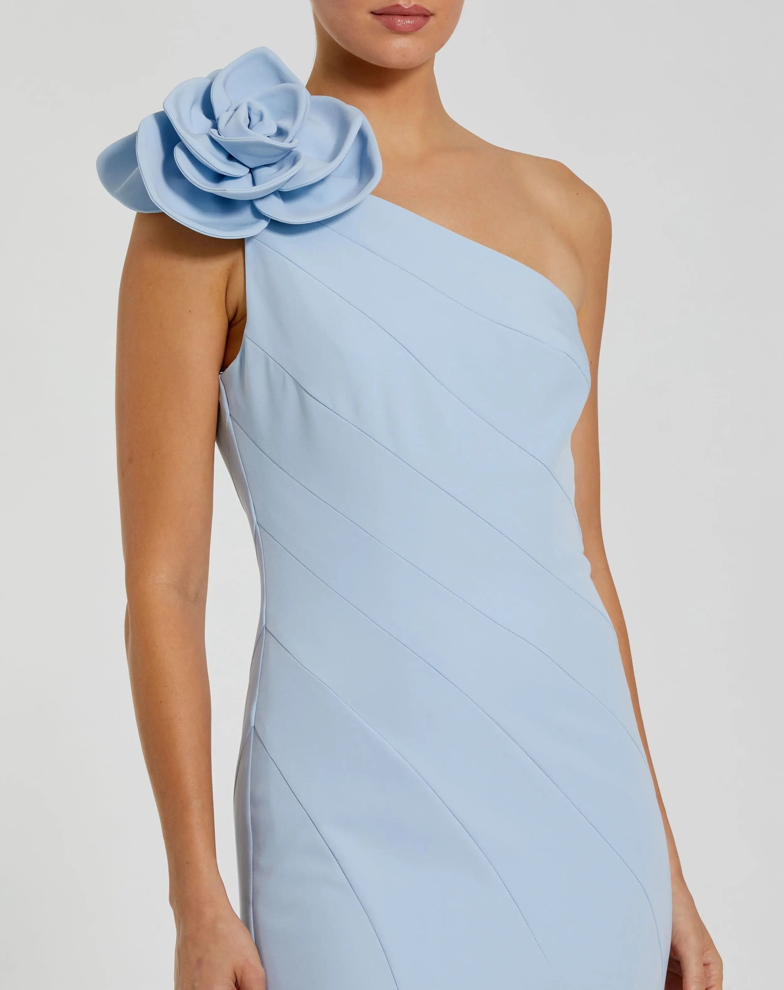 Blue Crepe One Shoulder Mermaid Gown With 3D Flower