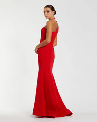 Red Crepe One Shoulder Mermaid Gown With 3D Flower