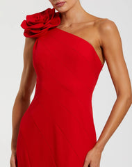 Red Crepe One Shoulder Mermaid Gown With 3D Flower