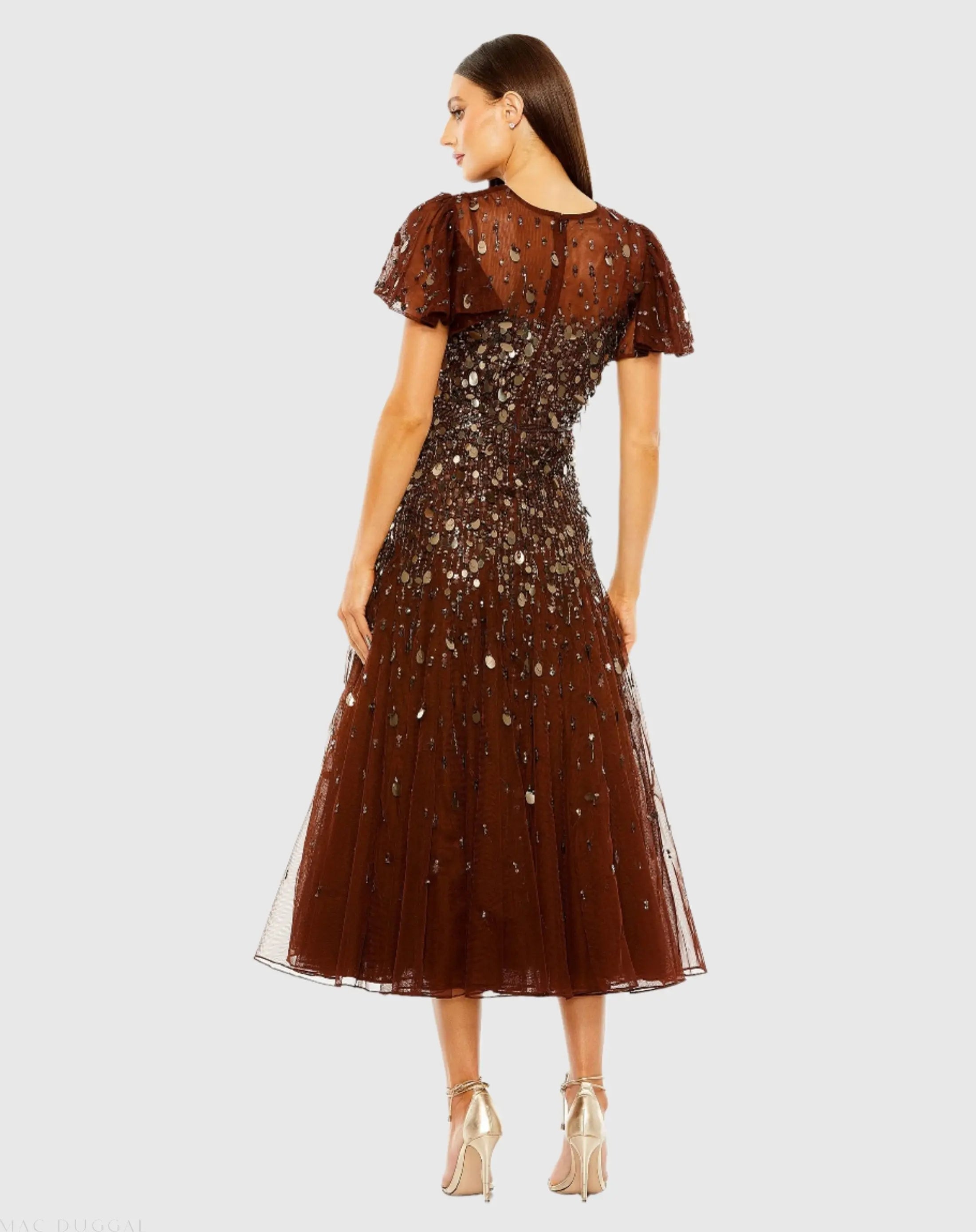 Brown High Neck Flutter Sleeve Beaded Dress