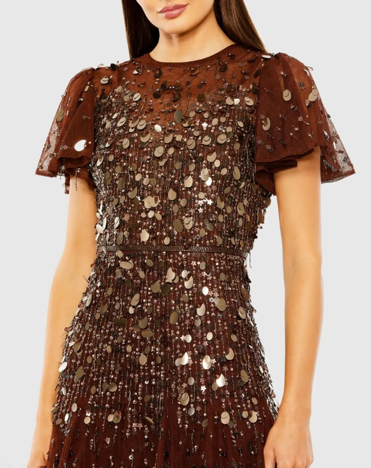 Brown High Neck Flutter Sleeve Beaded Dress