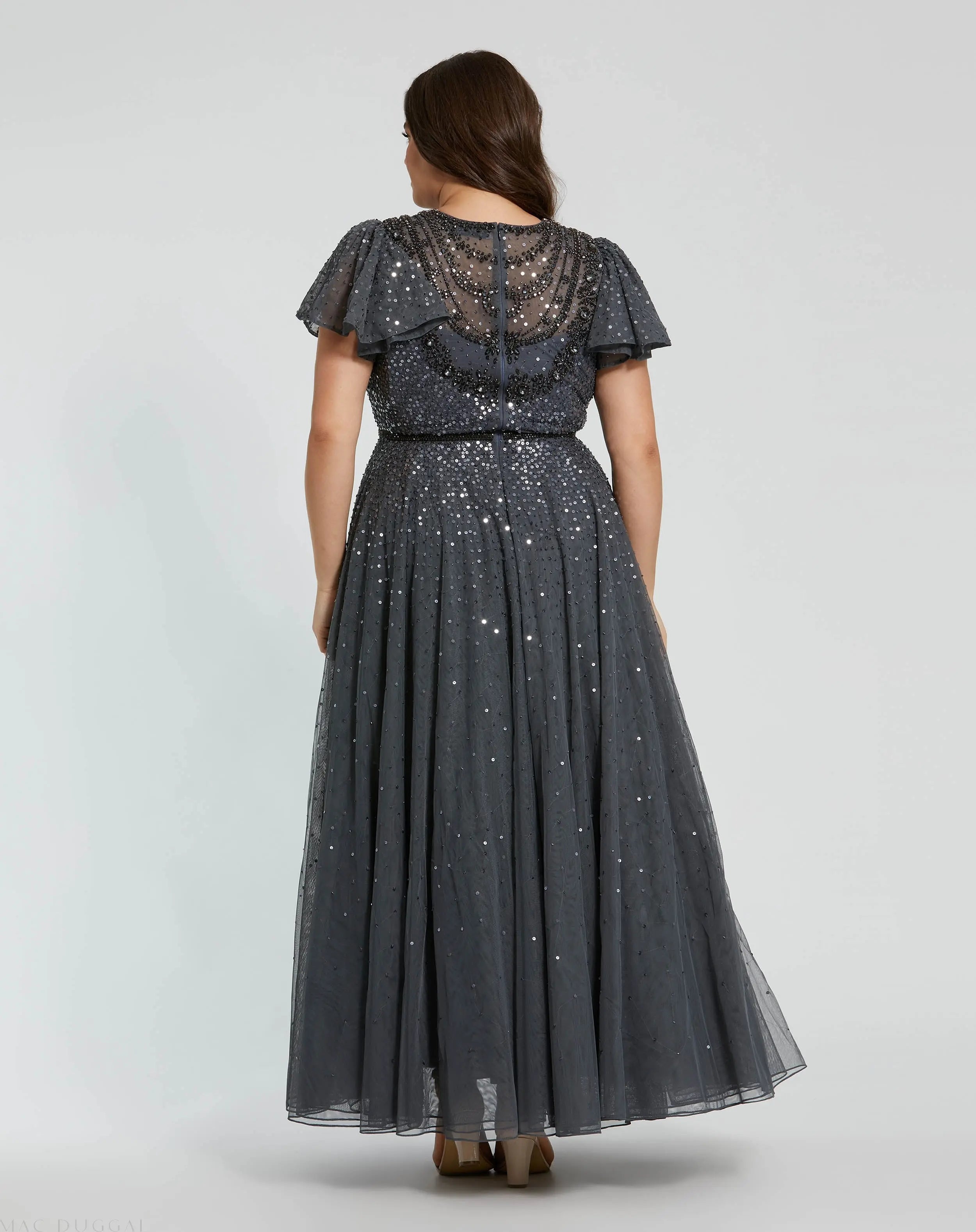 Gray Embellished Flutter Sleeve Evening Gown (Plus)